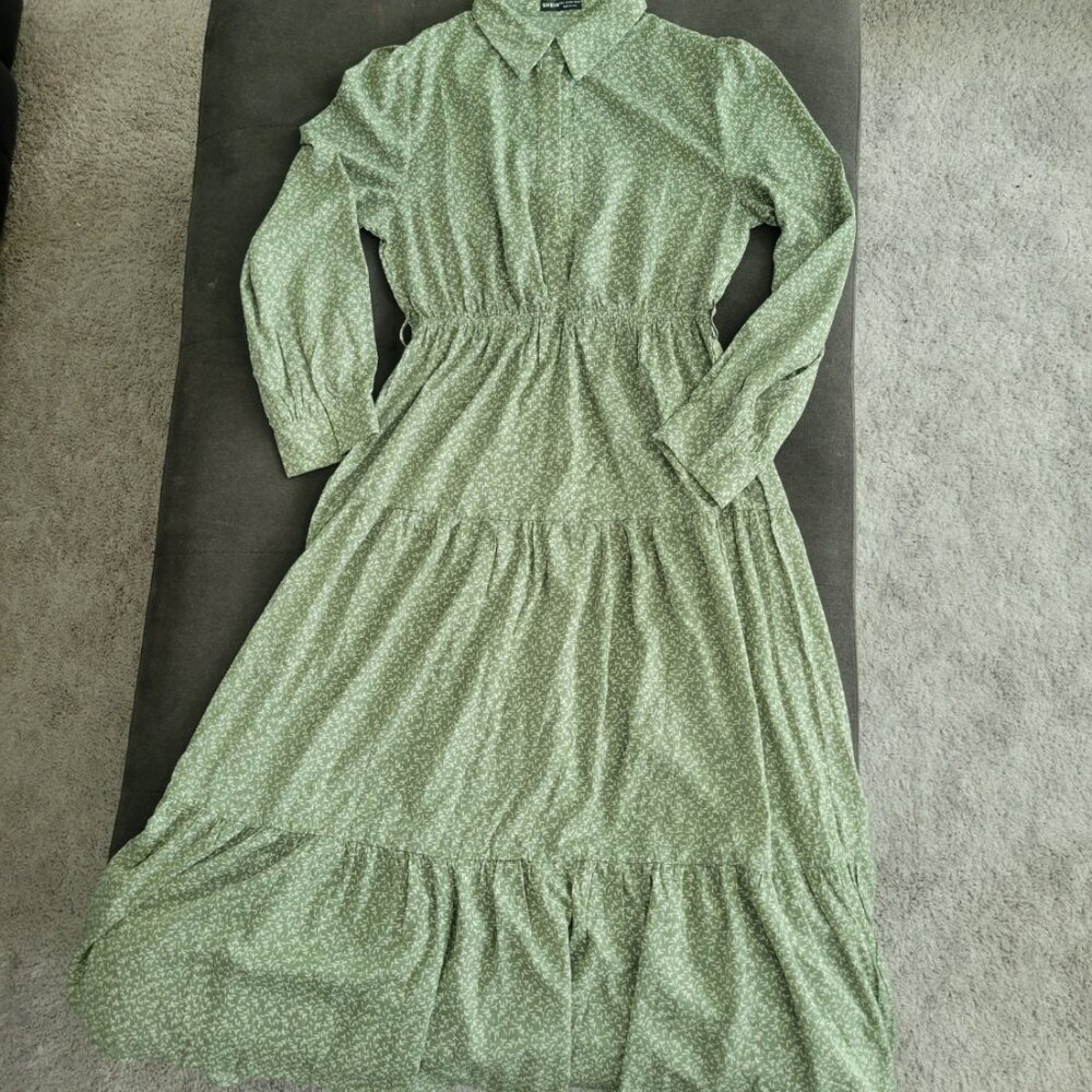 Shein Long Sleeve Maxi Dress Prairie Tiers Belt Green Floral sz L US 8/10 Cute